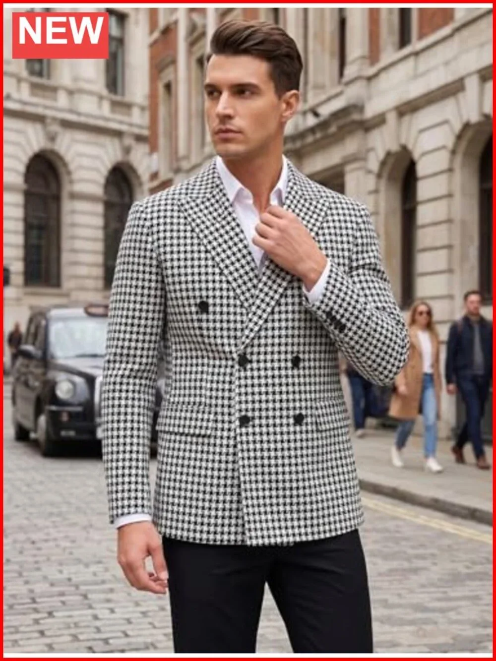 Men's Houndstooth Double Breasted Slim Fit Blazer Sport Coat